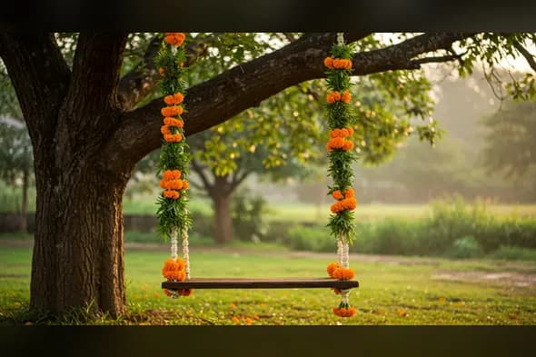 Traditional Floral Swing Under Tree for Janmashtami Celebrations | AIClips Rural Festive Scene