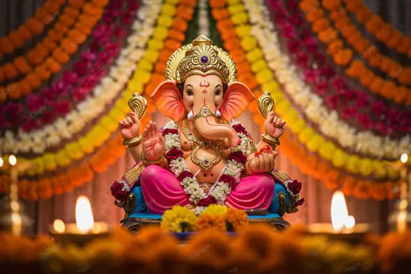 Ornate Ganesha Idol Amidst Floral Splendor