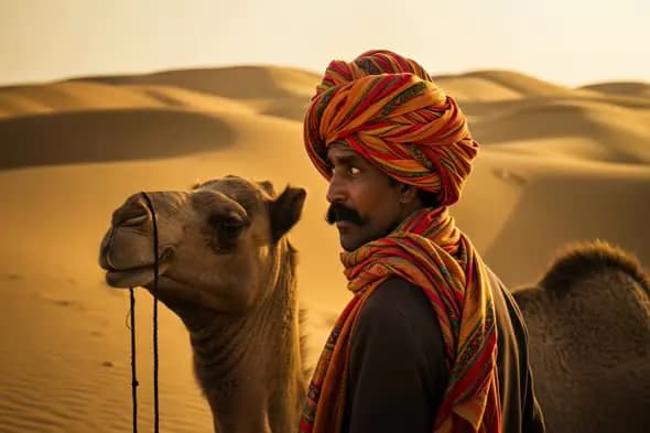 Rajasthani Man with Camel in Desert