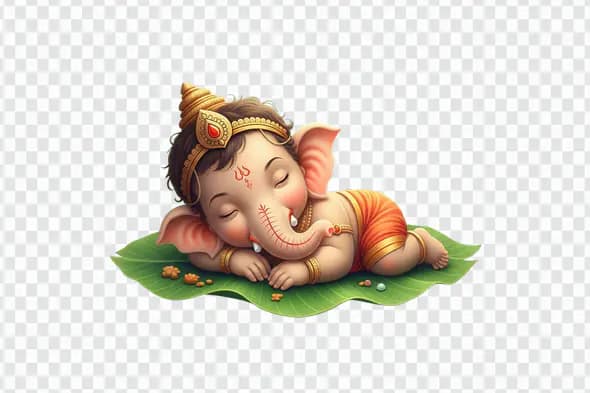 Peaceful Baby Ganesha Resting on Leaf PNG