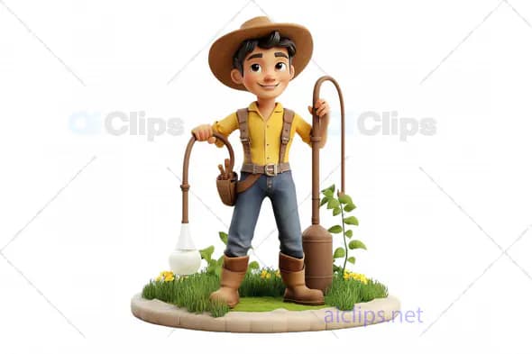 3D Cartoon Farmer with Irrigation System3D farmer model, cartoon farmer with irrigation, rural farmi