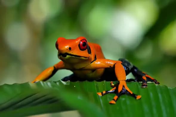 Vibrant Poison Dart Frog Perched on Tropical Leaf