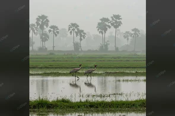 Cranes in Misty Palm Landscape