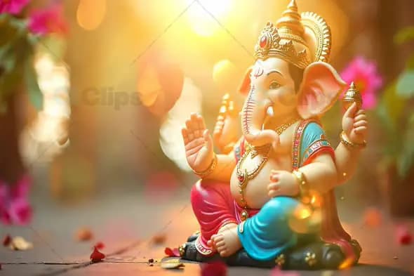 Divine Lord Ganesha Idol with Glowing Light and Floral Accents