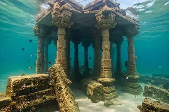 Ancient Underwater Temple Ruins in Ocean Depths