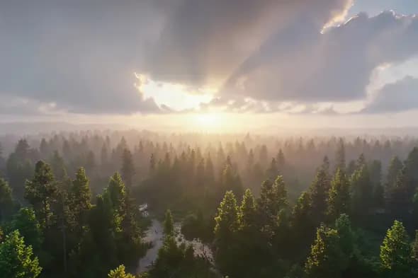 Ethereal Sunbeams Illuminate Misty Pine Forest Landscape