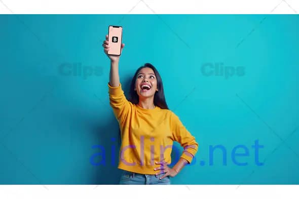 Cheerful Woman Holding Phone Mockup
