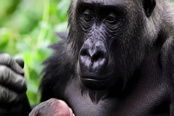 Mother Gorilla Tenderly Holding Newborn in Jungle