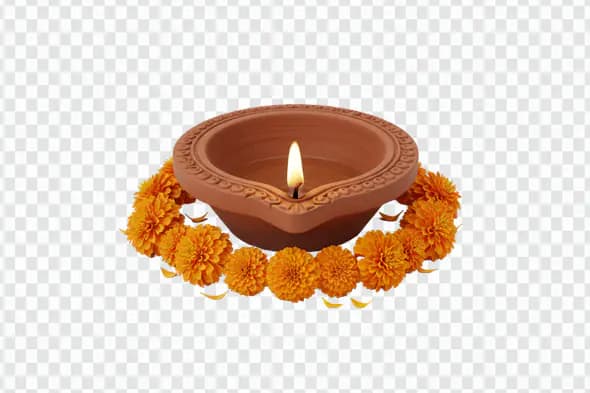 Traditional Diya Lamp with Marigold Garland PNG