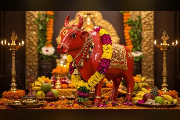 Sacred Nandi Bull Pooja Setup | AIClips Traditional Hindu Temple Background