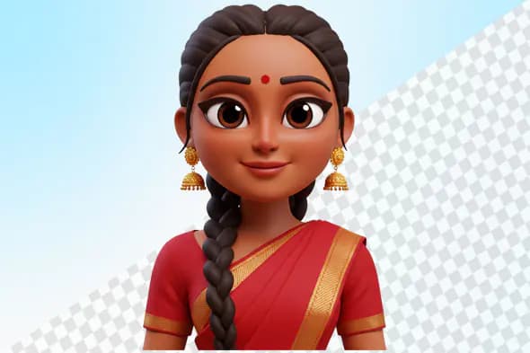 3D Indian woman avatar wearing traditional red saree
