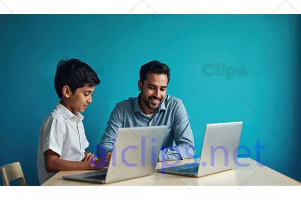 Man and Boy Learning with Laptops