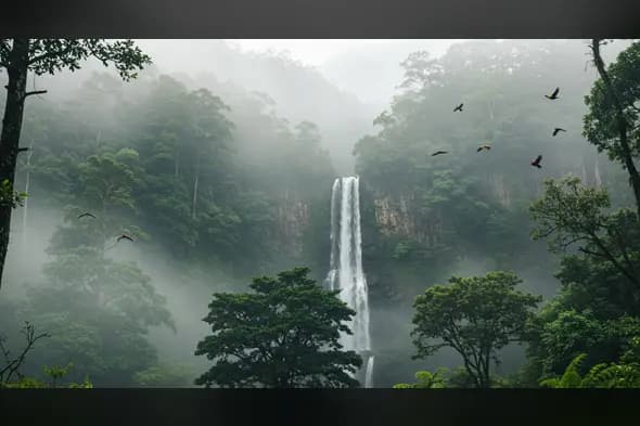 Tall Waterfall in Misty Rainforest with Birds in Flight