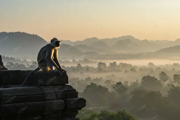 Contemplative Primate at Ancient Temple