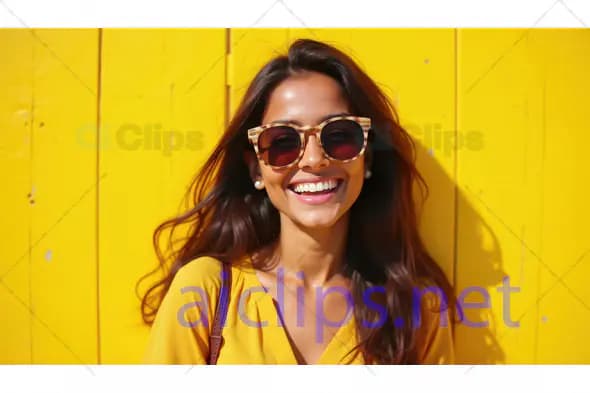 Smiling Woman in Sunglasses Against Yellow Wall