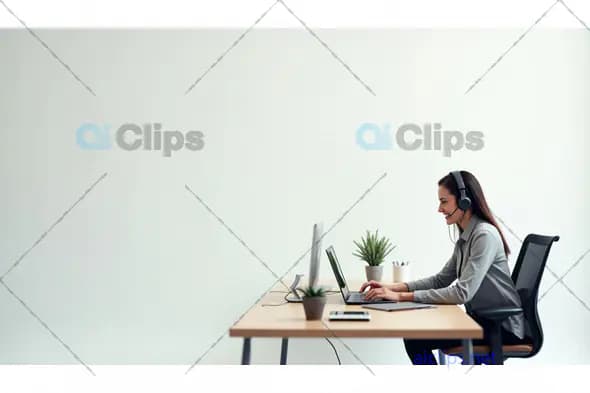 Female Professional Working Remotely with Headset in a Minimalist Office