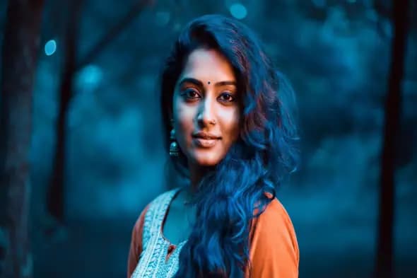 Indian Woman in Blue-Backlit Forest