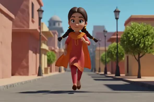Joyful Indian Girl in Animated Cityscape