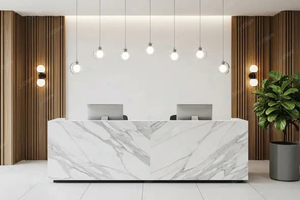 Marble Reception Desk with Pendant Lighting