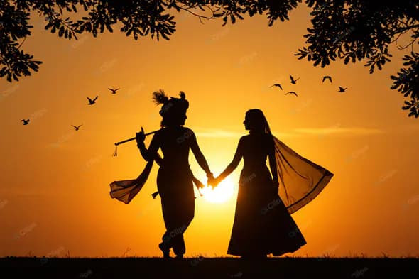 Radha Krishna Silhouette at Golden Sunset