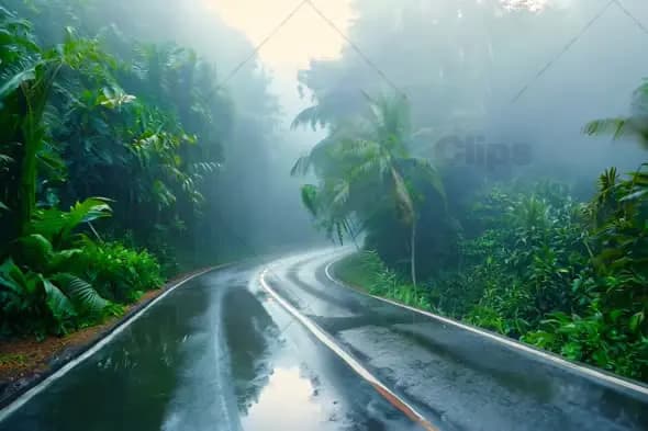 Misty Rainforest Road with Lush Green Foliage