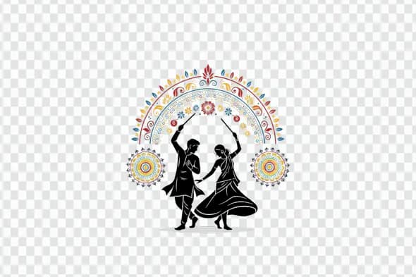 Vibrant Dandiya Dancers with Ornate Floral Arch PNG