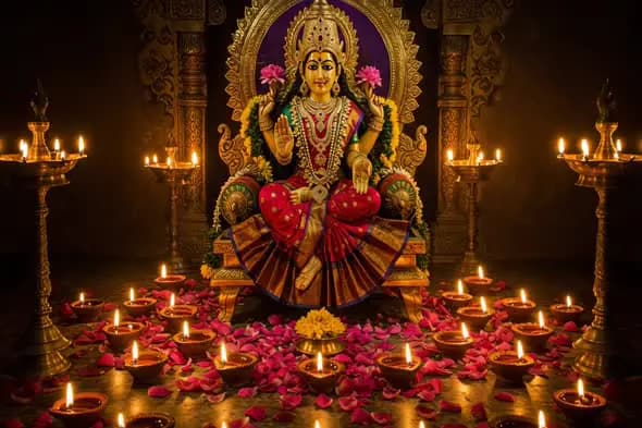 Lakshmi Mata Diya Decor with Rose Petals and Lamps Indian Festive Video