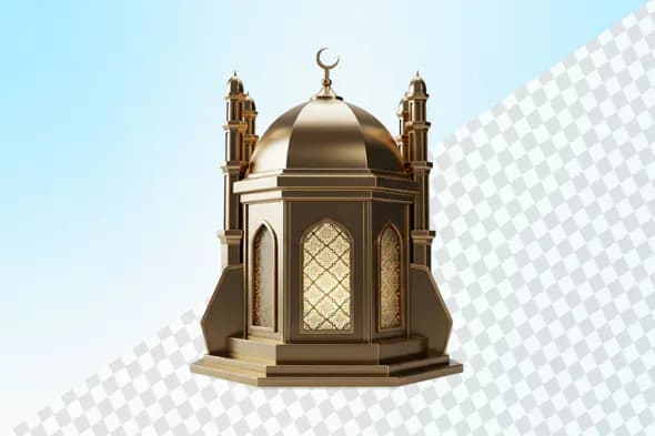 Golden Islamic lantern with ornate dome and minarets