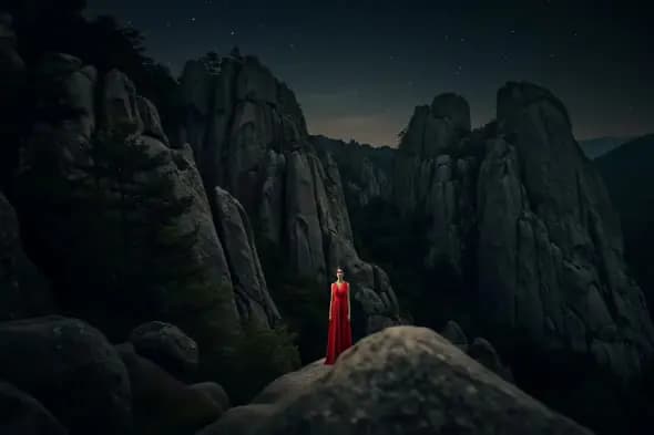 Nocturnal Crimson Silhouette Amidst Rocky Peaks