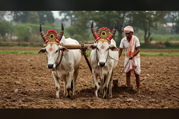 Traditional Indian Farmer with Decorated Oxen Ploughing Field | Rural Culture | AIClips Background