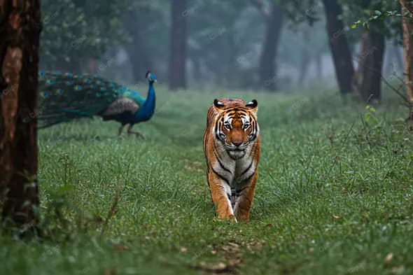 Majestic Tiger and Peacock in Misty Forest
