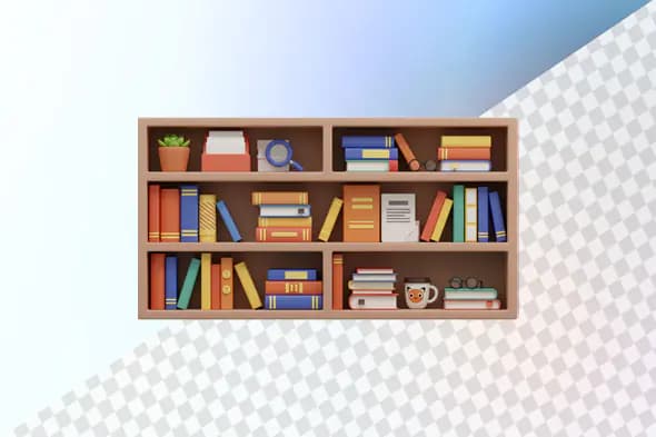Wooden bookshelf with colorful books and accessories