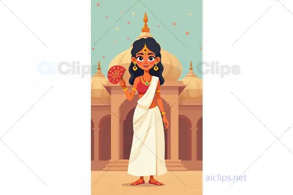 Cartoon Woman in Traditional White Saree with Fan in Temple Background