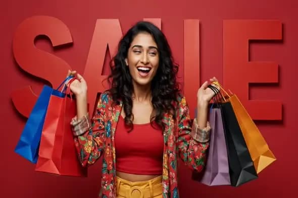 Joyful Shopping Woman with Bags Against Red SALE Text