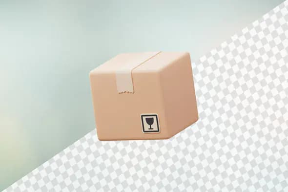 Beige cardboard box with fragile icon on checkered background