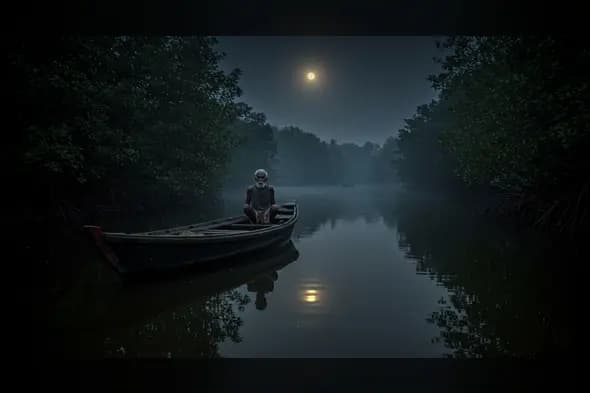Moonlit Ghostly Boatman in Haunted Backwaters – Horror Concept Art