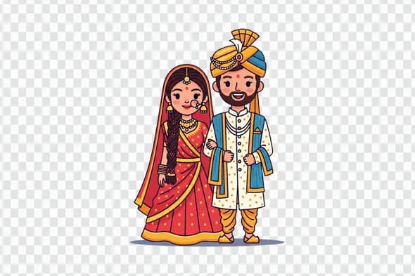 Indian Wedding Couple Traditional Attire Cartoon Clipart PNG