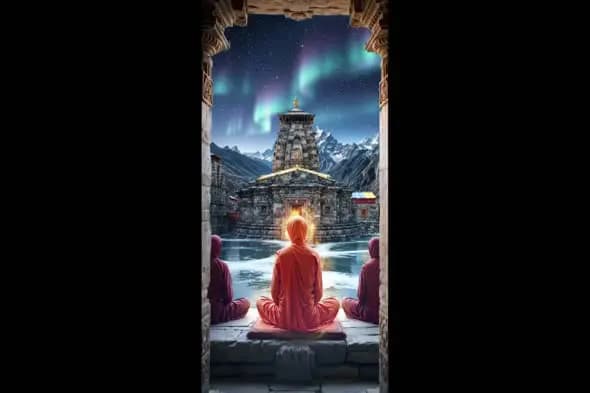 Ancient Himalayan Temple Under Aurora Borealis