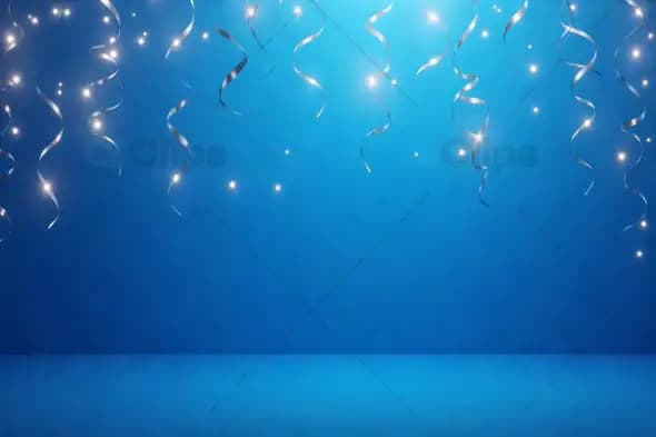 Silver Ribbons and Twinkling Lights on Blue Background