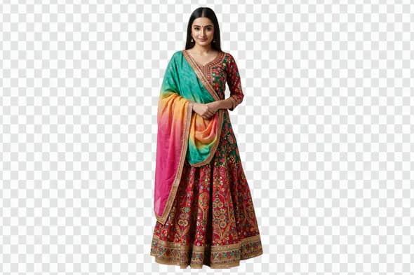 Colorful Embroidered Lehenga with Rainbow Dupatta PNG