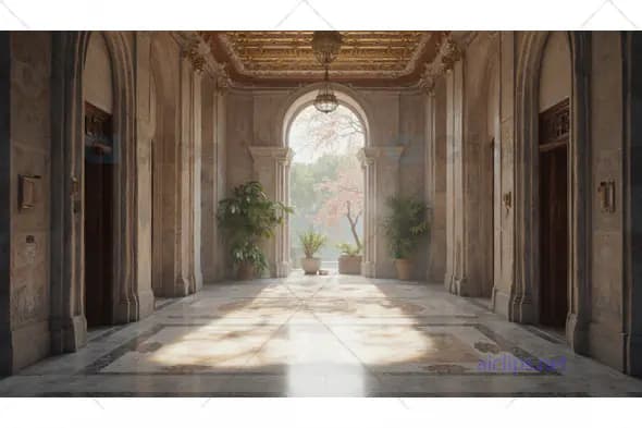 Elegant Historic Hall with Marble and Archway