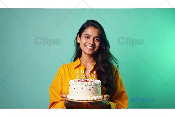 Smiling Woman Holding Birthday Cake with Candles