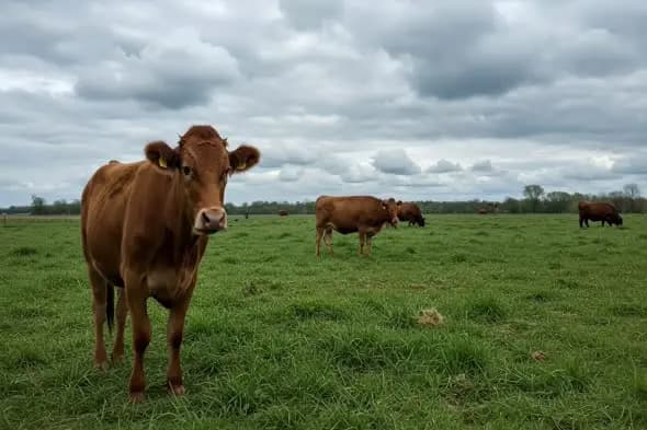 Cows grazing on green farm field under cloudy sky