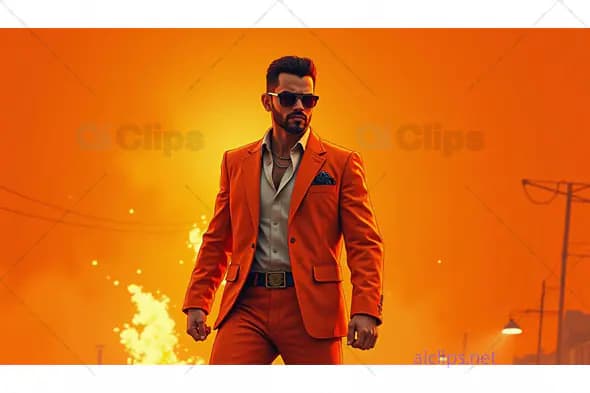 Stylish Man in Orange Suit with Fiery Background