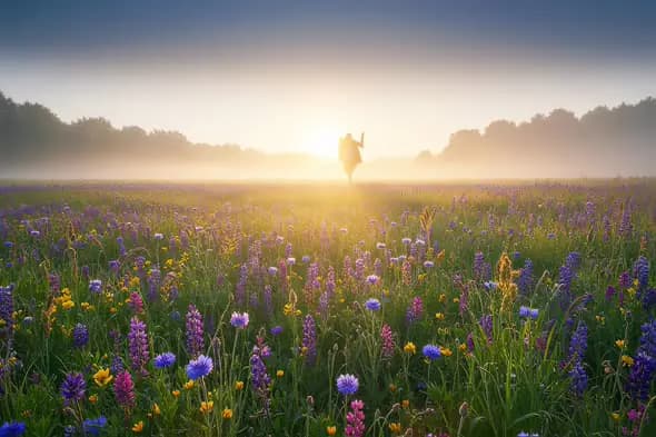 Misty Wildflower Meadow Sunrise Glowing Golden Light