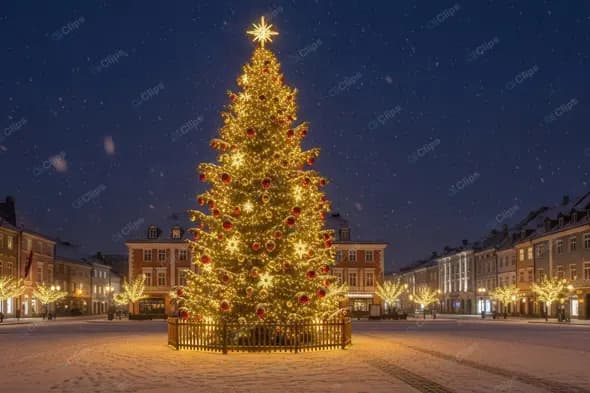 Magical Christmas Night in a Snowy Town Square