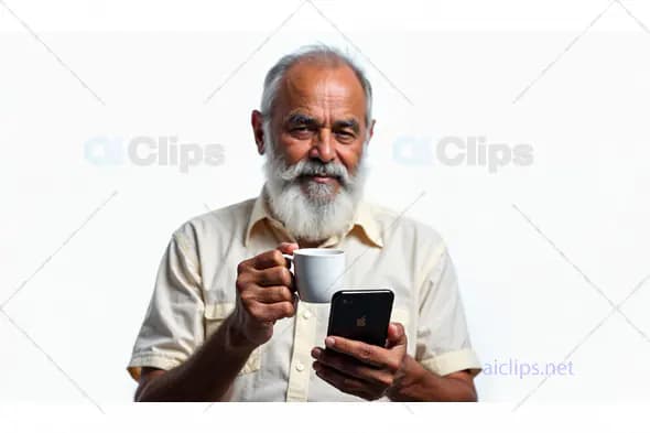 Elderly Man with Smartphone and Coffee Cup