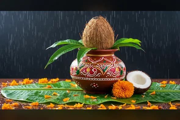 Kalash with Coconut on Banana Leaf in Rain | AIClips Traditional Indian Pooja Background