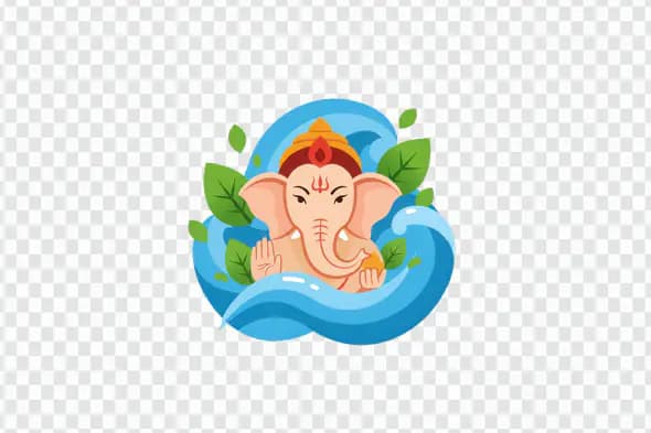 Colorful Ganesha Illustration Surrounded by Waves and Leaves