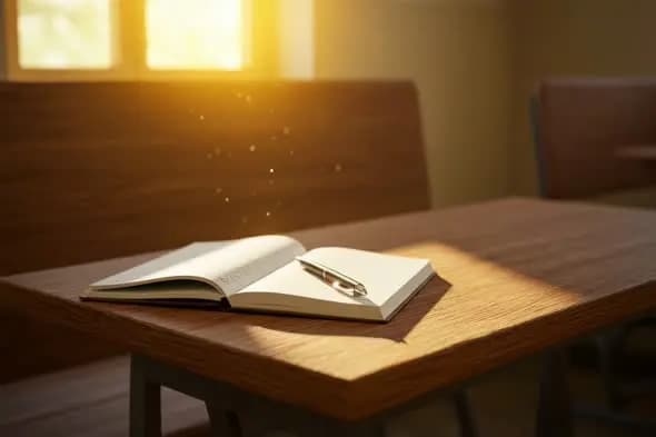 Notebook with pen on school desk in sunlight